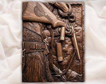 Cowboy Hunter Rifle Relief | Rustic Hunting Wall Art |Western Hunting Panel | Rifle Stock Relief | Rustic Lodge Decor |Country Plaque Design