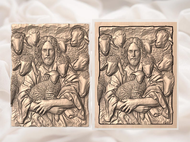 May include: A detailed relief carving depicting a religious scene. The central figure, with long hair and a beard, cradles a lamb, surrounded by several sheep. The artwork is rendered in shades of brown, showcasing intricate details and textures.