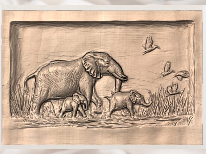 May include: A wooden relief carving depicting a family of elephants walking through tall grass. The artwork features a large adult elephant, two smaller elephants, and several birds in flight. The carving is framed.