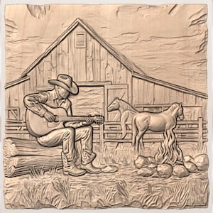 Western Cowboy Campfire 3D STL Relief view 3