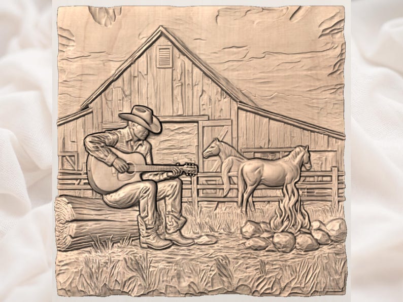 May include: A detailed wood carving depicts a cowboy playing a guitar while sitting on a log. A barn and two horses are in the background. A campfire is in front of the horses. The carving is in shades of brown.
