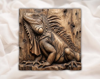 Brodaty smok, legwan, płaskorzeźba 3D STL | Panel ścienny z motywem gadów, rzeźba słojów drewna | Plik frezarki CNC, druk 3D, grawerowanie laserowe