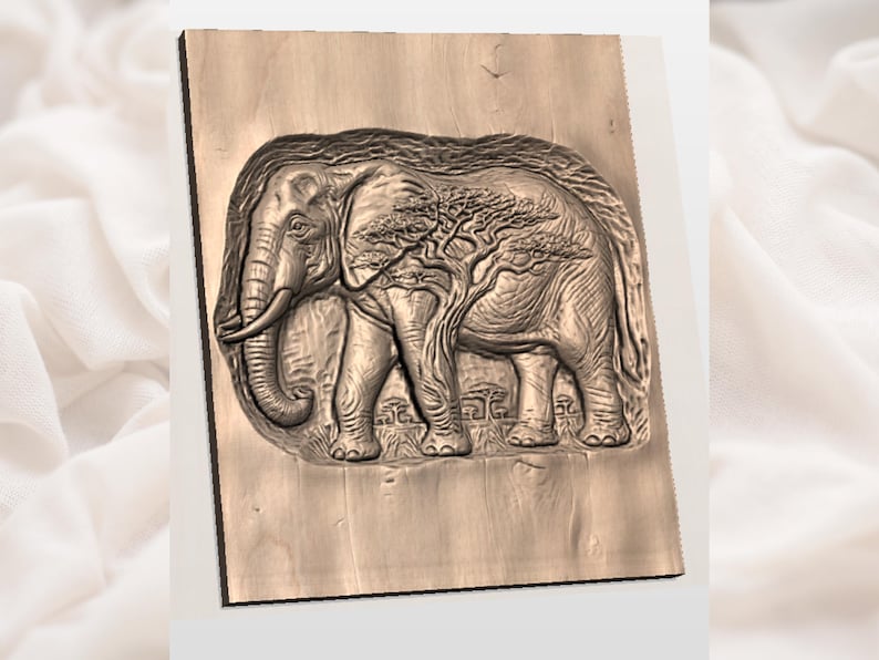 May include: A detailed relief carving of an elephant on a wooden plaque. The elephant is depicted with intricate details, including tusks and a tree incorporated into its form. The artwork is in shades of brown, showcasing the natural wood grain.