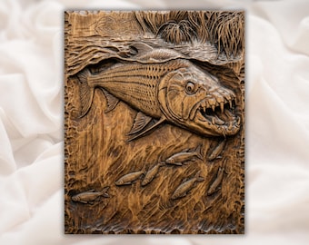 Figura 3D en relieve de pez piraña (STL/CNC) para tallado en madera. Arte submarino de peces depredadores. Decoración para cabañas de pesca. Compatible con Aspire, VCarve Pro, Carveco y ArtCAM.