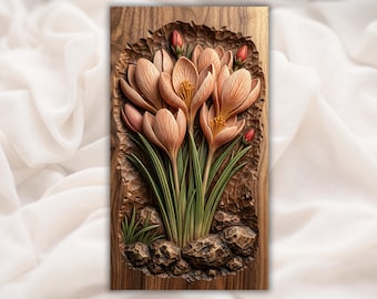 Krokusblommor 3D-relief STL | Blommig CNC-fräs träsniderifil | Vårblommande basrelief väggkonst