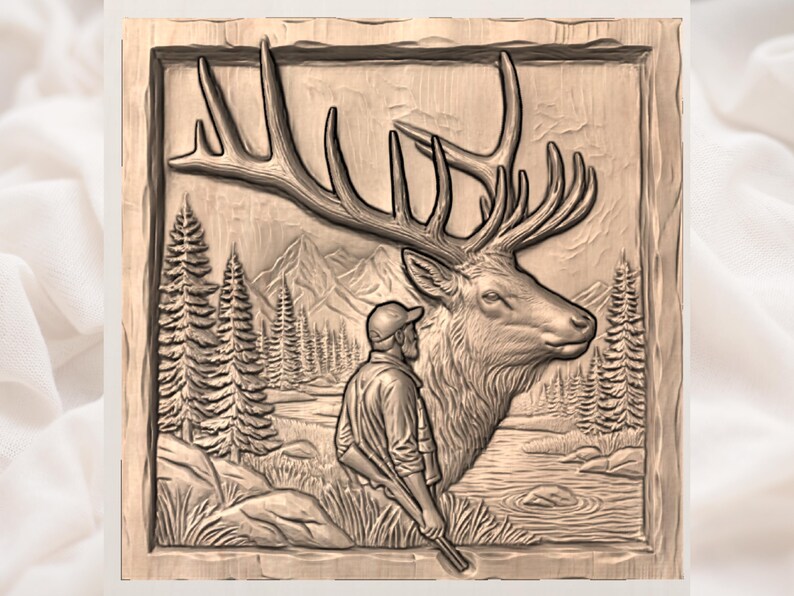 May include: A detailed wood carving depicts a majestic elk with large antlers, a hunter with a rifle, and a mountainous forest scene. The artwork is framed and showcases a natural, rustic aesthetic, ideal for home decor.