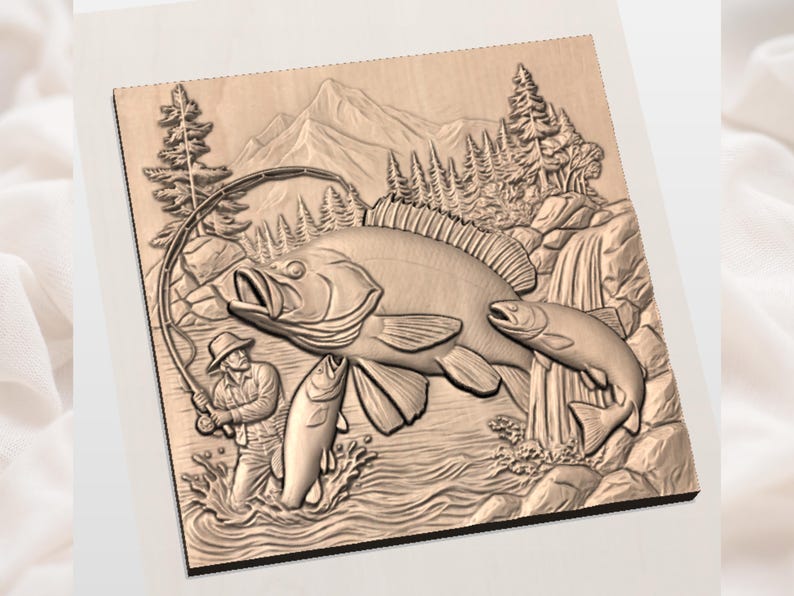 May include: A wooden relief carving depicting a fishing scene. A fisherman casts a line towards a large fish leaping from the water, with two smaller fish nearby. The background features mountains, trees, and a waterfall.