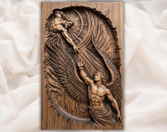 Fallen Angel STL | Heaven Rescue Carving | Spiritual Wall Art Decor | Engraved Wood Look | Archangel Relief Plaque | Biblical Relief Art