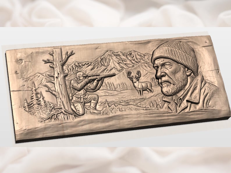 Relief av jägare och hjort i STL-format | Väggplakett med jaktscen i bergen | Rustik stuga och stugdekor | Porträtt av skäggig friluftsman | Relief av bockjakt bild 2