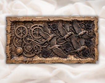 Corvo Steampunk 3D STL | Relevo de Pássaro com Engrenagem e Rosa | Design de Relevo CNC de Pássaro Mecânico | Painel Decorativo Gótico | Presentes de Bruxaria | Academia Sombria
