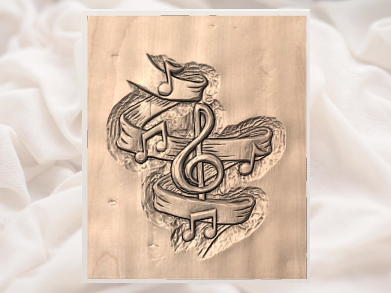 May include: A wooden carving depicting musical notes, a treble clef, and decorative banners. The design is carved into light-coloured wood, creating a textured, three-dimensional effect. The artwork is framed with a white border.