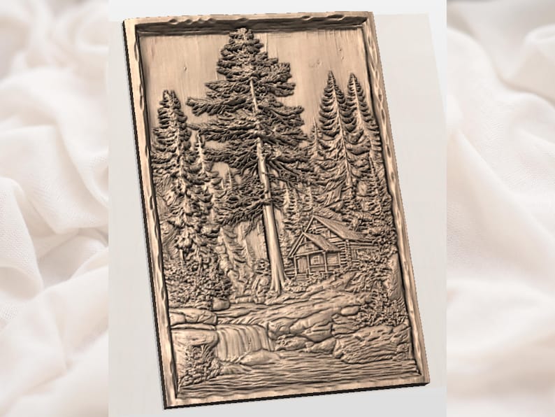 May include: A detailed, brown relief carving of a forest scene. The artwork depicts tall pine trees, a small cabin, a waterfall, and a river. The carving is framed with a textured border, creating a three-dimensional effect.