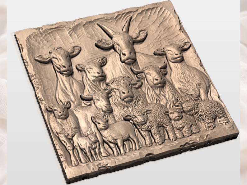 May include: A detailed relief carving of farm animals, including cows, sheep, and goats. The animals are arranged in a group, with a central cow figure dominating the composition. The carving is in a warm, earthy tone.