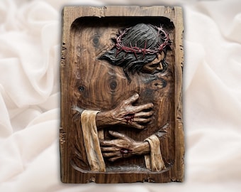 Christ  Hugs Me STL | Passion Scene Carving | Spiritual Wall Art Decor | Rustic Church Plaque | Faith Gift Design | Christian Wall Art