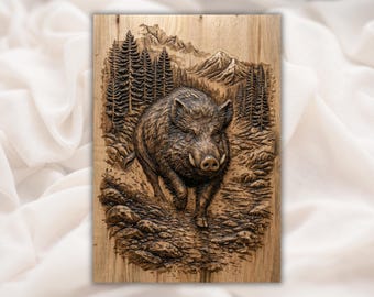 Relevo 3D de Javali Selvagem em STL | Arquivo para Escultura em Madeira para Router CNC | Painel de Arte de Parede com Javali da Floresta e Montanha | Decoração Rústica para Cabana de Caça
