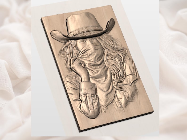 May include: A wooden relief carving of a person wearing a cowboy hat and a bandana covering the lower face. The carving is detailed, showing the person's hair, clothing, and facial features. The artwork is mounted on a rectangular wooden board.