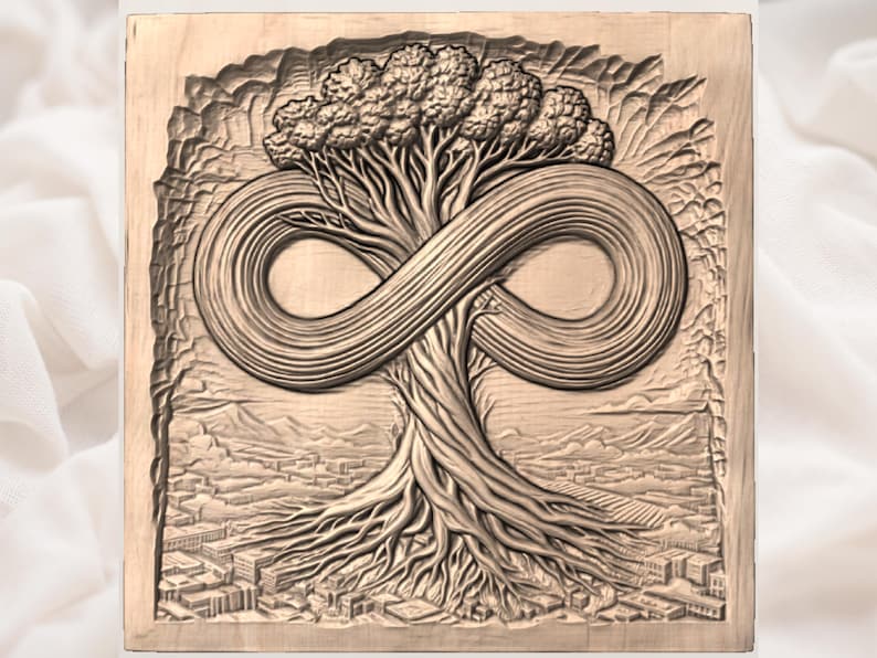 May include: A wooden carving of a tree with an infinity symbol incorporated into its trunk. The tree's roots extend downward, and the top of the tree has a full canopy of leaves. The background features a cityscape and mountains.