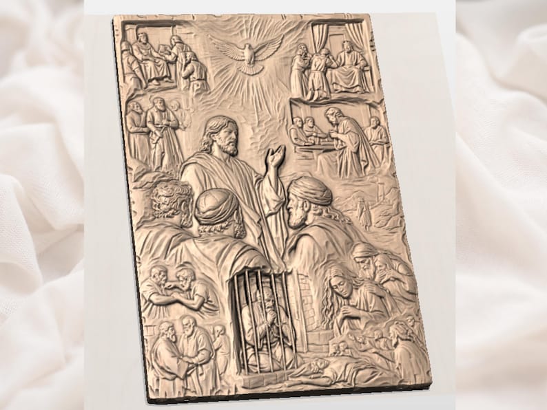 K&ouml;nnte beinhalten: Eine rechteckige, bronzefarbene Reliefschnitzerei, die mehrere biblische Szenen darstellt. Die zentrale Figur ist ein Mann mit Bart, umgeben von anderen Figuren. Eine Taube ist oben dargestellt. Die Schnitzerei ist detailliert.