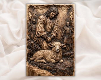 Jesus Lamb Relief STL | CNC Router 3D Carving Model | Christ with Lamb Wood Grain Relief Panel | Biblical Christian Wall Art Church Decor