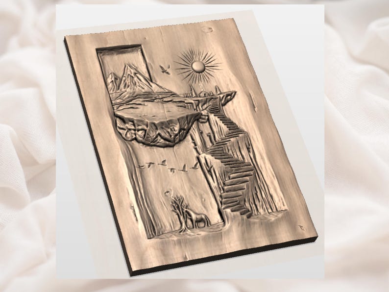May include: A detailed wooden relief carving depicting a landscape scene. The artwork features mountains, a lake, a staircase, a sun, birds, and a tree with a horse. The relief is in shades of brown and tan.