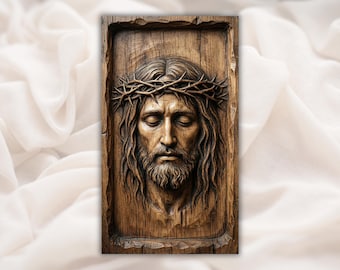 Jesus Face Relief STL | CNC Router 3D Carving Model | Christ Crown of Thorns Wood Grain Bas Relief Panel | Christian Wall Art Church Decor