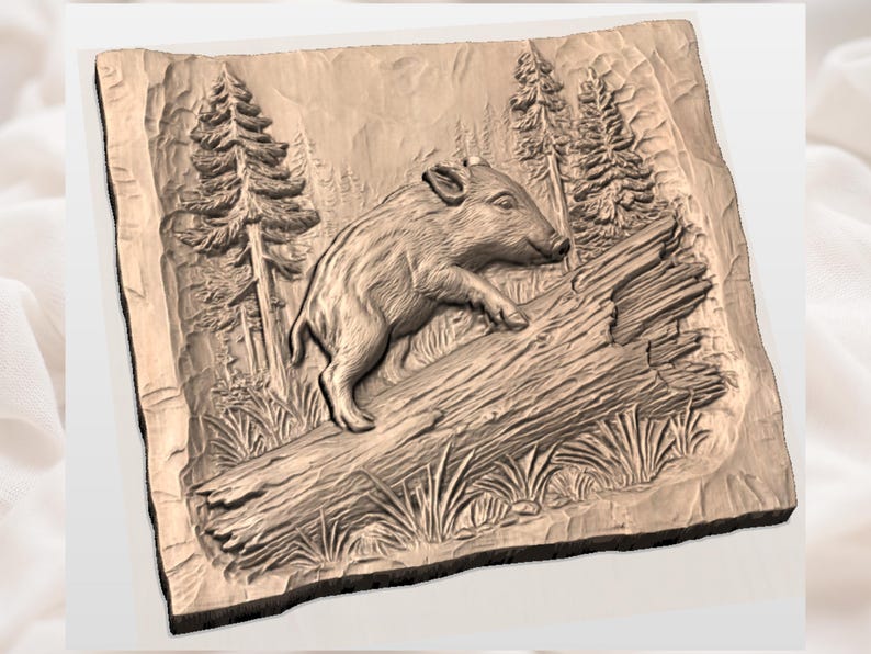 May include: A carved wooden relief depicting a wild boar climbing over a fallen log in a forest setting. The artwork features detailed textures of the boar's fur, the log, and surrounding foliage, with pine trees in the background. The relief is in shades of brown.