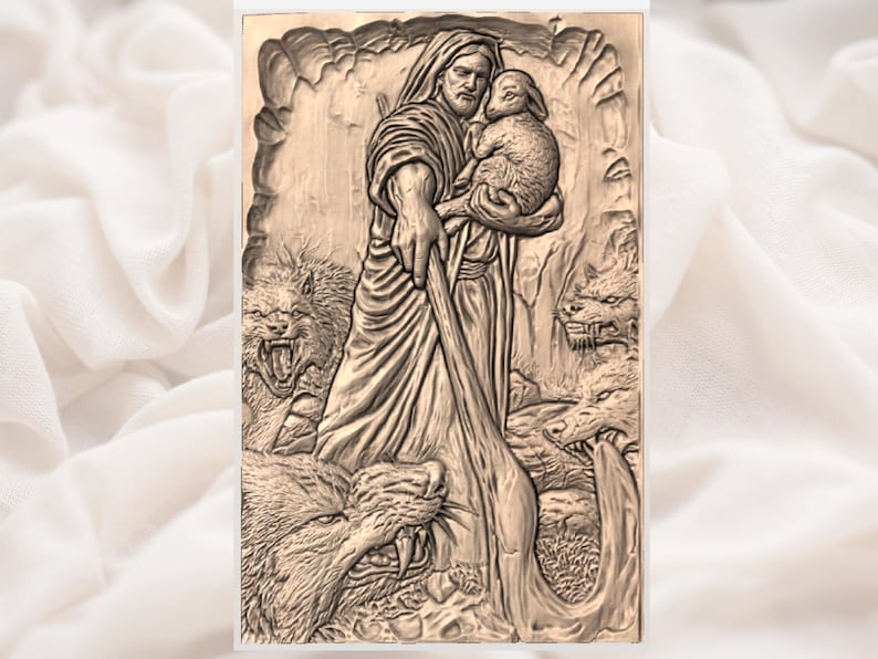 May include: A detailed relief carving depicts a figure holding a lamb, surrounded by snarling beasts. The artwork is rendered in shades of brown, showcasing the textures of the figures and the background. The theme appears to be religious or allegorical.