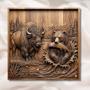 Bear Fishing & Bison 3D Relief STL view 1