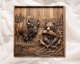 Bear Fishing & Bison 3D Relief STL | Mountain River Wildlife Wall Art Panel | CNC Router Aspire, VCarve Pro, Carveco, Fusion 360, ArtCAM