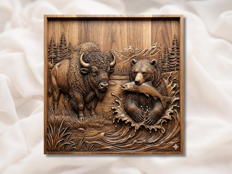 Bear Fishing & Bison 3D Relief STL