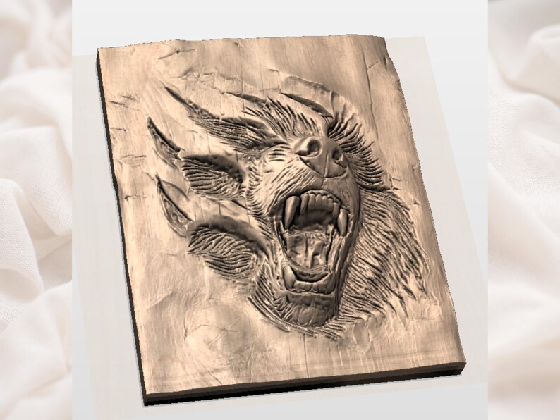May include: A wooden relief carving depicting a snarling bear's face and claw marks. The bear's mouth is open, showing sharp teeth. The carving is in shades of brown and has a textured appearance, suggesting it is made of wood.