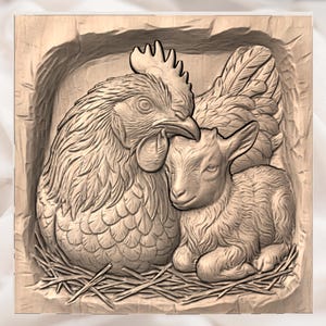 Hen and Baby Goat 3D Relief STL File view 3