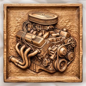 May include: A square wooden wall plaque featuring a detailed relief carving of a V8 engine. The natural light brown wood grain is visible throughout the piece, highlighting the sculpted air cleaner, exhaust headers, pulleys, and belts of the motor.