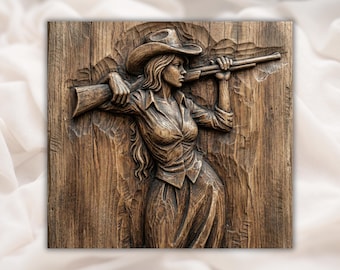 Cowgirl Hunter 3D Relief STL File | Western Woman With Rifle Wood Grain CNC Carving | Ranch Wall Art | 3D Print & Laser Engraving