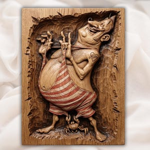 May include: A carved wooden relief sculpture of a man in red and white striped swim trunks, holding up the straps. The man has a tattoo that says "Mama". A crab is at his feet. The sculpture is framed by a carved wooden border.