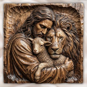Jesus with Lamb & Lion 3D STL Relief view 1