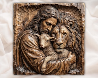 Jesus with Lamb & Lion 3D STL Relief | Christian Sculpted Wood Grain CNC Router File | Religious Bas Relief Wall Art for 3D Printing