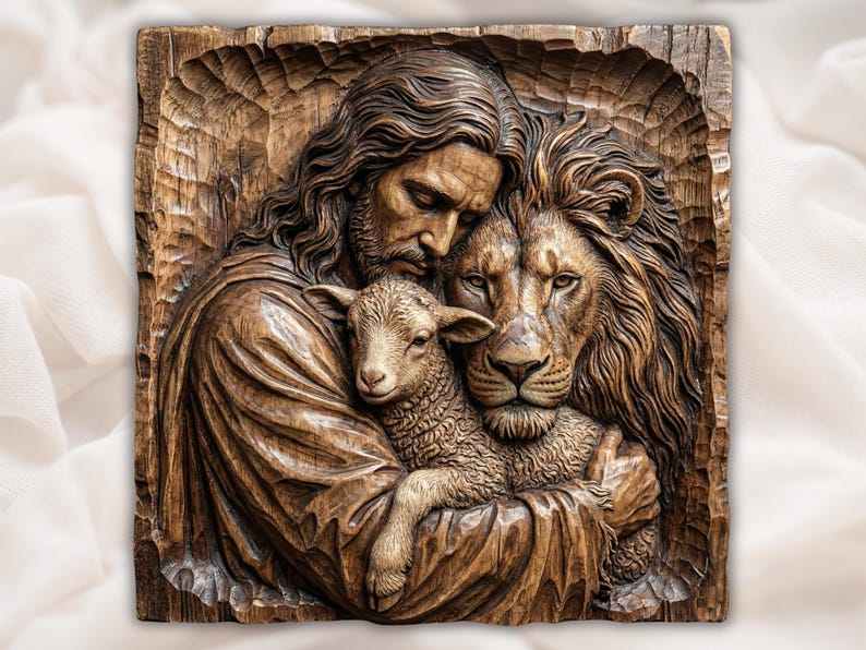 Jesus with Lamb & Lion 3D STL Relief