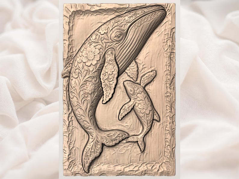 May include: A detailed relief carving of a whale and calf, featuring floral and swirling patterns. The artwork is in a rectangular frame with a textured border. The whale's body is adorned with intricate designs, and the overall color is a warm, natural tone.