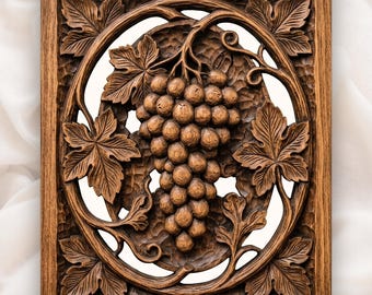 Grape Cluster Vine Panel CNC Relief STL | Vineyard Wood Carving Design | Wine Cellar Wall Art Decor