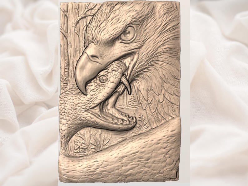 May include: A detailed relief carving depicts an eagle with a snake in its beak. The eagle's feathers and the snake's scales are intricately carved. The background features a forest scene, all in a neutral, earthy tone.