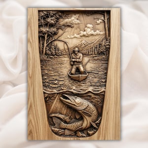 Fisherman & Giant Pike 3D Relief STL view 1