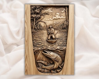 Fisherman & Giant Pike 3D Relief STL | Lake Cutaway Fishing Scene Panel | CNC Router Carving, 3D Print, Laser Engrave | Digital