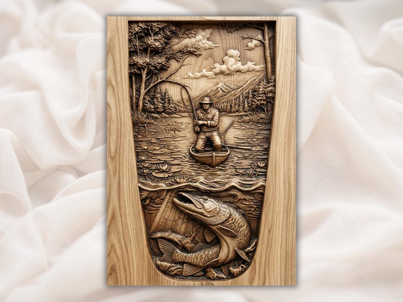 Fisherman & Giant Pike 3D Relief STL