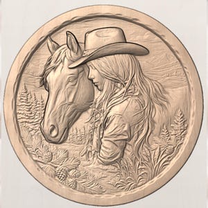 Western Cowgirl with Horse 3D Relief STL view 3