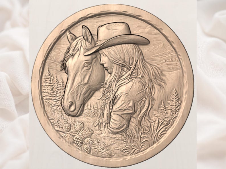 May include: A circular wooden carving shows a woman in a cowboy hat with long hair, tenderly touching a horse's head. The detailed relief carving includes a mountain landscape, pine trees, and foliage, all within a decorative border.