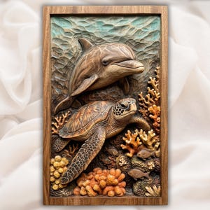 Sea Turtle & Dolphin 3D Relief STL view 1