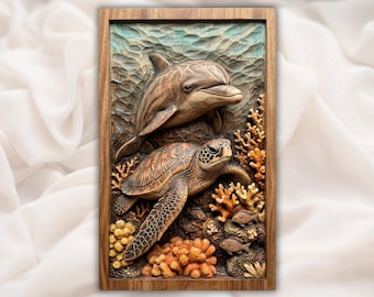 Żółw morski i delfin – płaskorzeźba 3D, STL | Panel z rzeźbą w drewnie z rafy koralowej | Sztuka ścienna z motywem wybrzeża | Żółw koralowy, STL | Podwodna tabliczka ścienna z delfinem