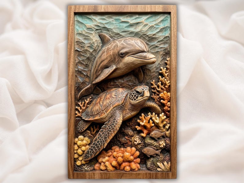 Sea Turtle & Dolphin 3D Relief STL