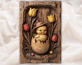 Easter Chick STL | Baby Bird In Egg Relief | Spring Tulip Wall Decor | Wood Carving Design | Farmhouse Artwork | Cute Plaque File
